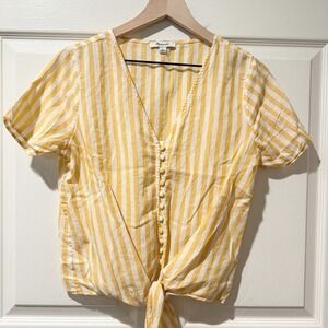 Madewell S Yellow White Striped Button Up Tie Front Top Light Spring Coastal